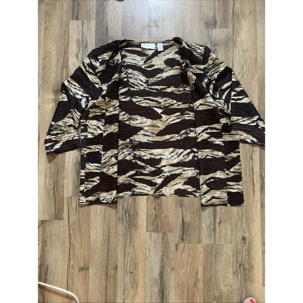 Chicos Womens Size 2 Medium Animal Print Crinkle Stretch Open 3/4 Sleeve Blouse - Picture 7 of 8